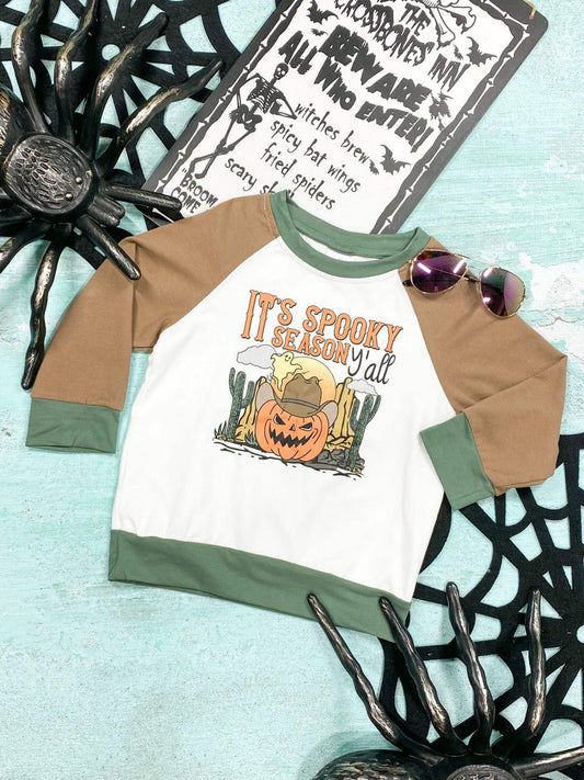 Boys long sleeve shirt that says It's Spooky Season Y'all