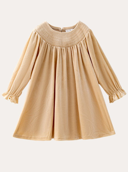 Ivory velvet girls dress with smocked yoke, long puff sleeves, and twirl skirt — The Hair Bow Company holiday dress - Alternative view