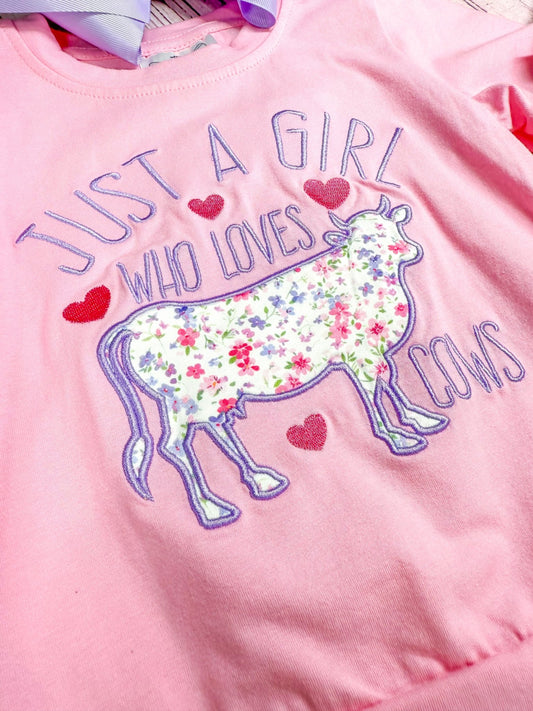 close up of "just a girl who loves cows" with cow embroidery - Alternative view