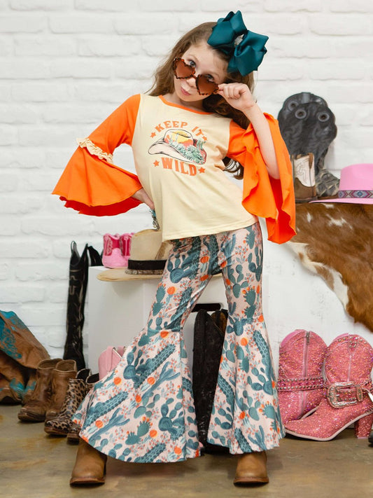 Coral & Tan Keep It Wild Print Long Sleeve Top with Light Pink Cactus Print Bell Bottoms on Model. - Alternative view