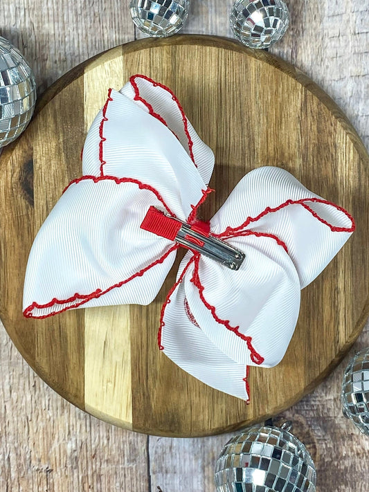 Back of ladybug embroidered moonstitch hair bow showing alligator clip - Alternative view
