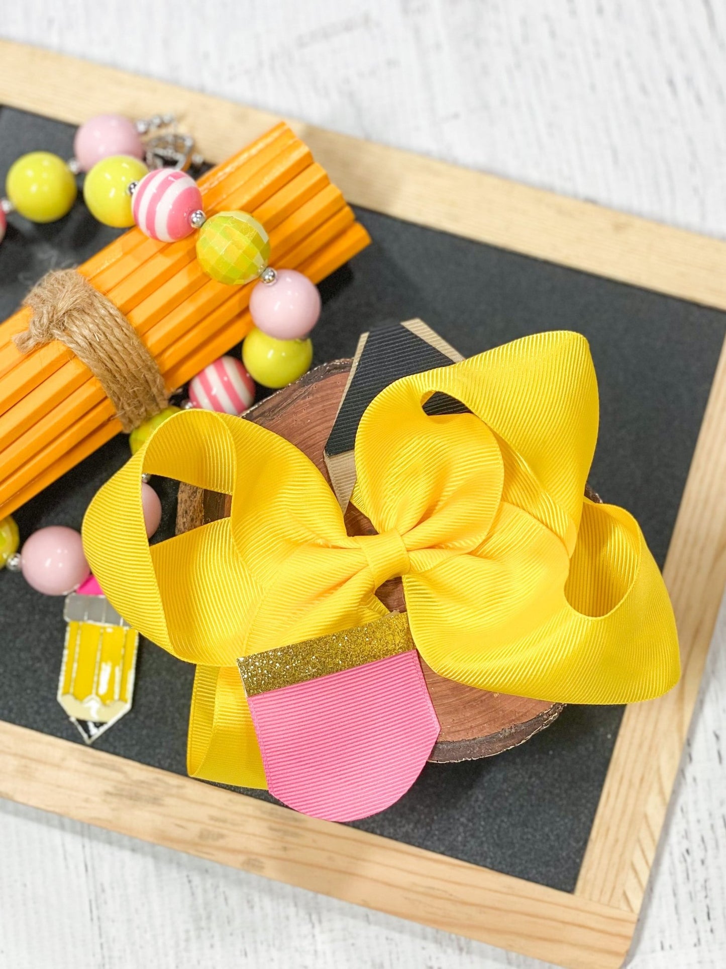 Yellow, Black & Pink Pencil Hair Bow