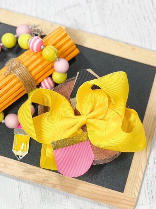 Yellow, Black & Pink Pencil Hair Bow
