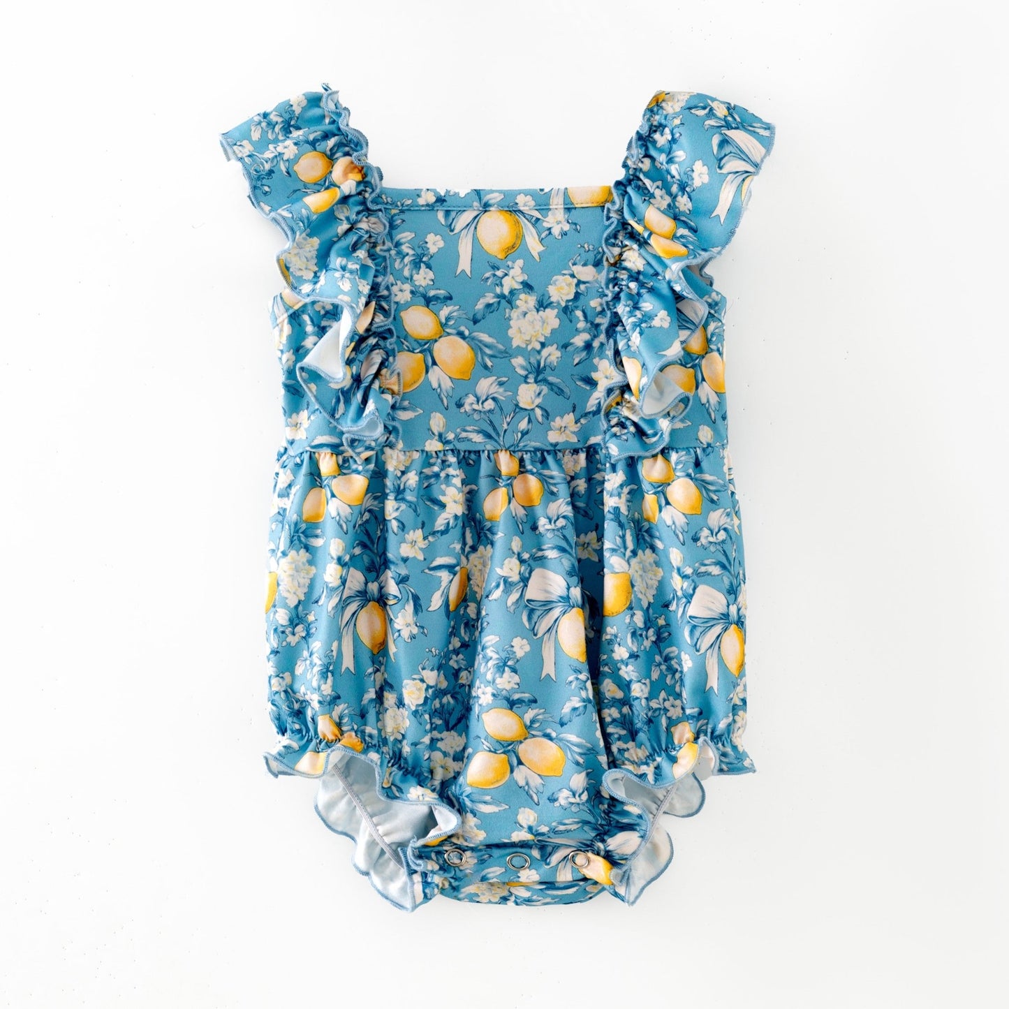 Lemon floral ruffle infant romper with flutter sleeves and snap bottom