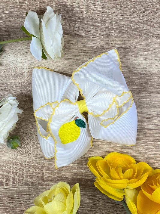 Lemon embroidered moonstitch hair bow on alligator clip