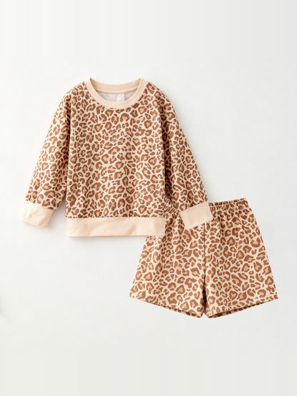 Girls leopard print pullover and shorts lounge set with cream trim