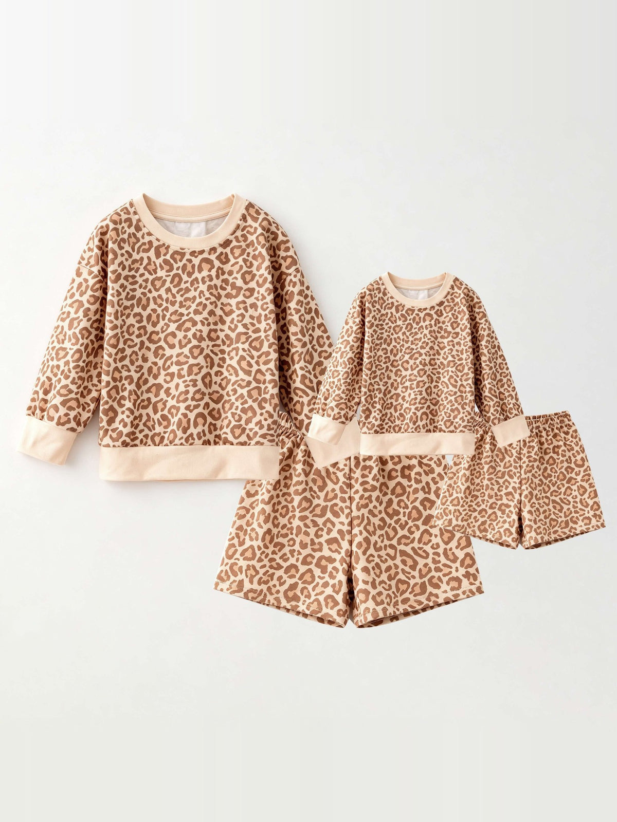 Matching leopard lounge sets for mom and daughter, pullover tops and shorts