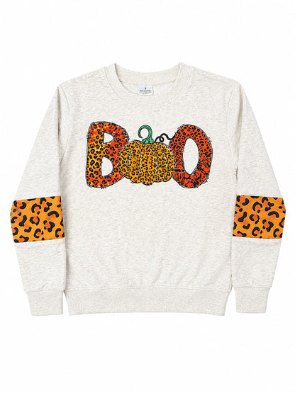 Girl in the leopard Boo Halloween top
