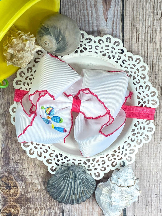 Fishies Embroidered Moonstitch Bow Headband