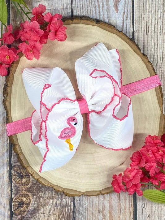 Flamingo Embroidered Moonstitch Bow Headband