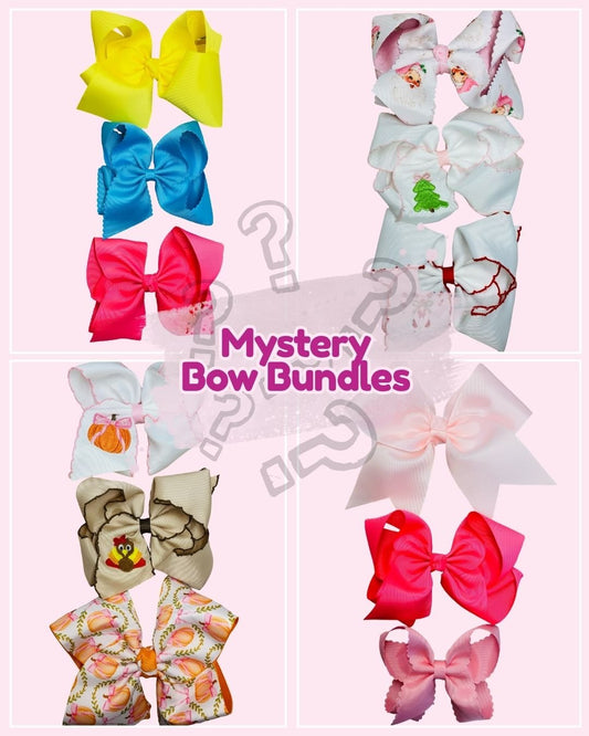 Collection of colorful hair bows with a 'Mystery Bow Bundles' text on a pink background