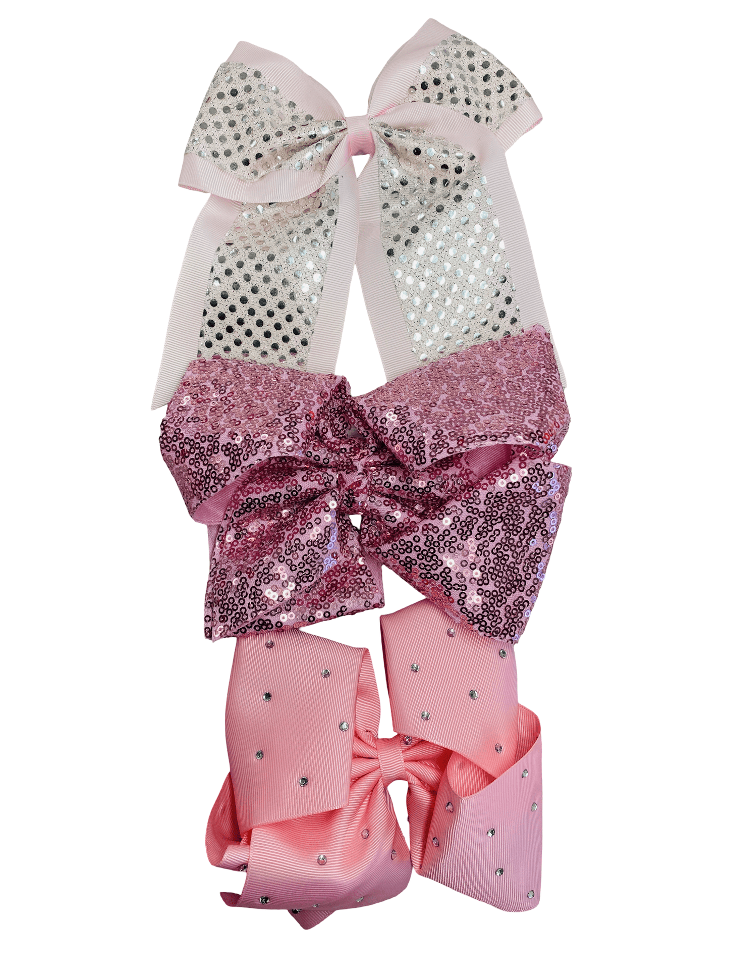 Three decorative bows with sequin details on a white background