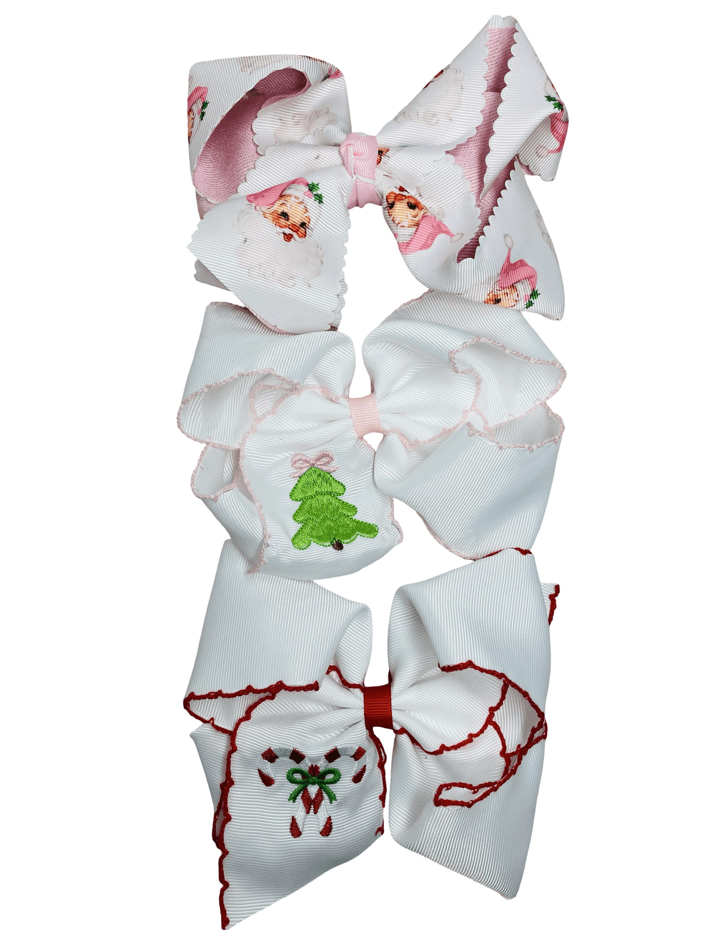 Set of decorative bows with various Christmas designs on a white background