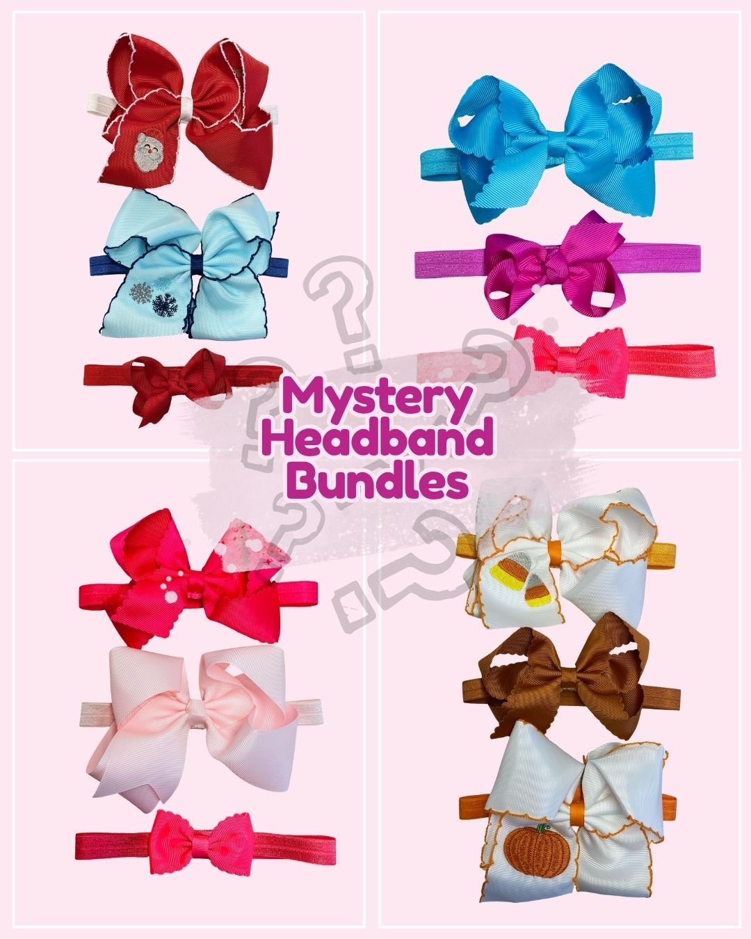 Collection of colorful headbands  labeled 'Mystery Headband Bundles'.