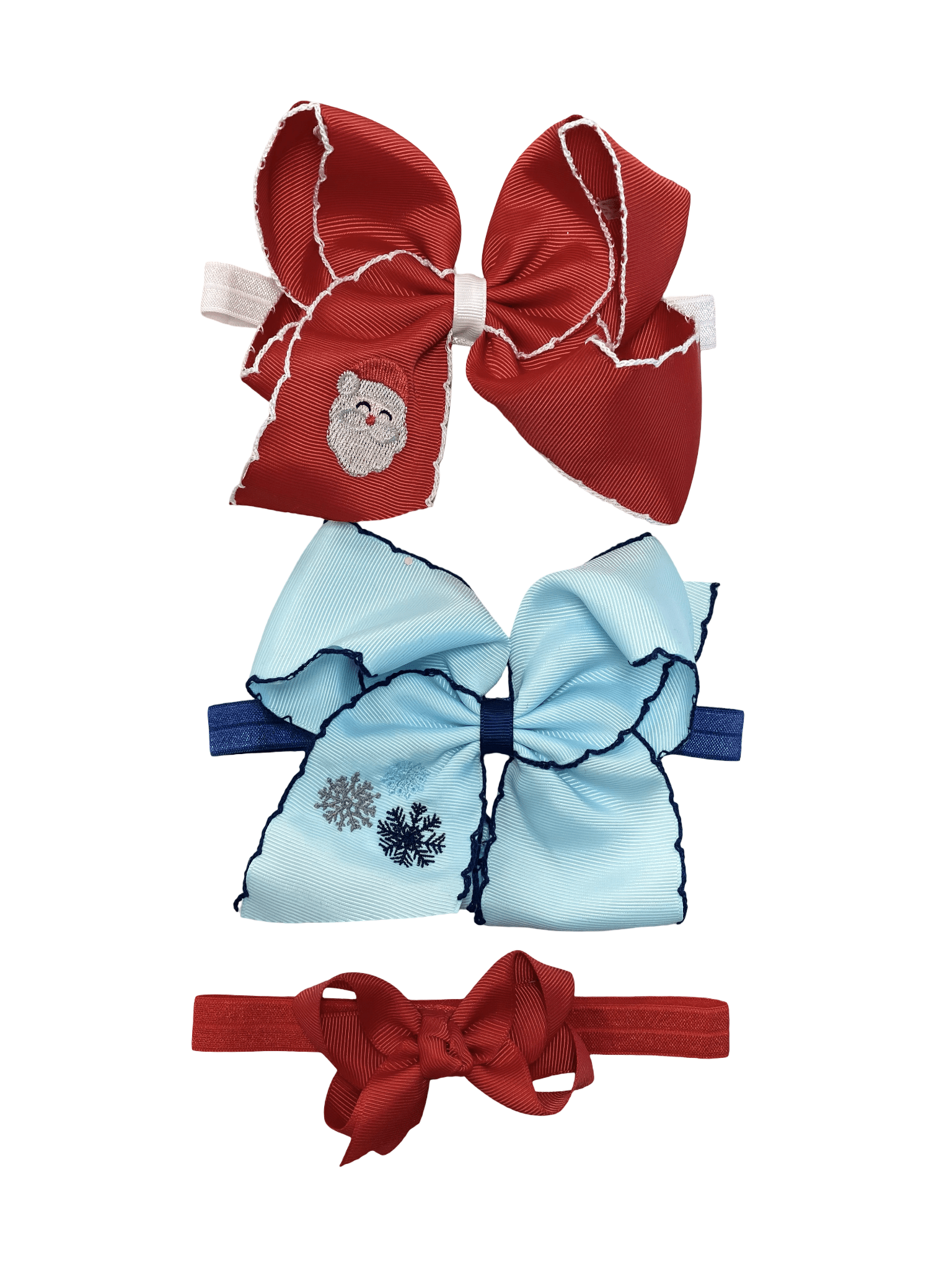 Set of three decorative bows in red, blue, and red on a white background
