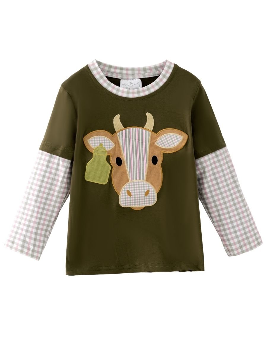 boys western long sleeve top with cow appliqué and faux gingham layered sleeve accents