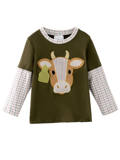 boys western long sleeve top with cow appliqué and faux gingham layered sleeve accents