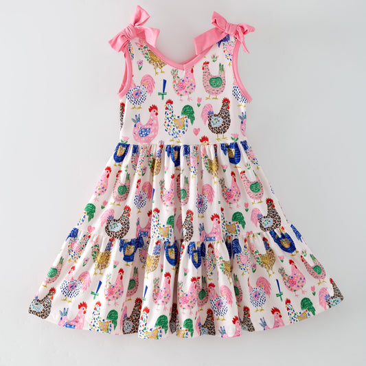 Girls Boutique dress with chicken pattern on a light gray background - Alternative view