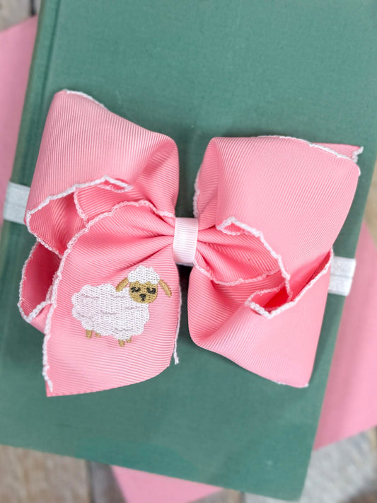 lamb hair bow on satin elastic headband