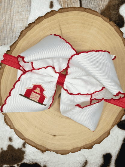 Little Red Farmhouse Barn embroidered hair bow on red baby nylon headband