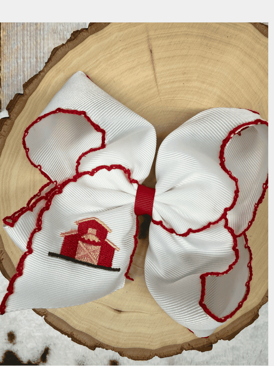 Little Red Farmhouse Barn embroidered hair bow with red moonstitch trim