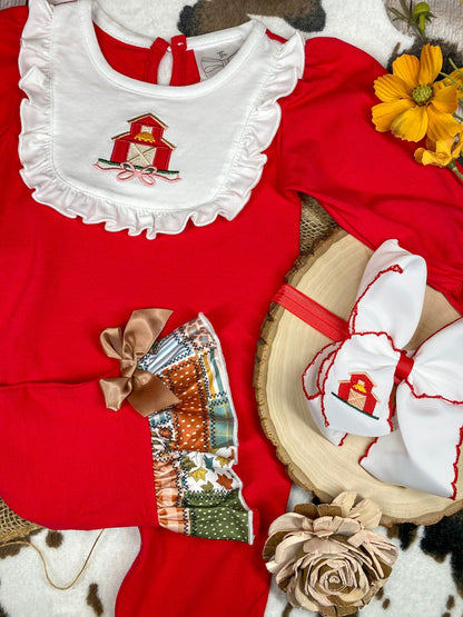 baby girl fall one-piece with barn appliqué ruffle bib and patchwork ruffle leg hems