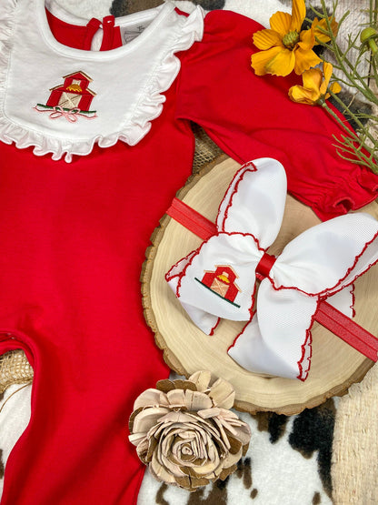 baby girl fall one-piece with barn appliqué ruffle bib and patchwork ruffle leg hems