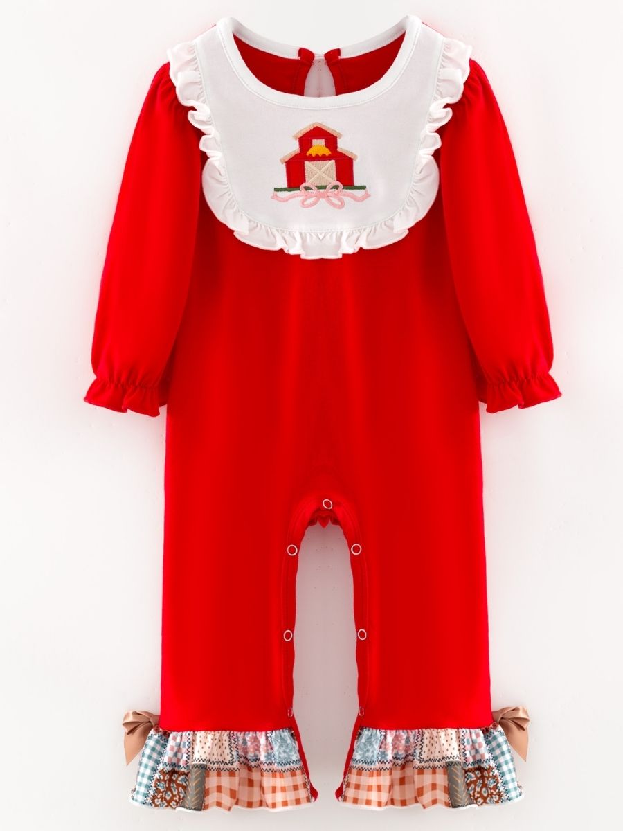 baby girl fall one-piece with barn appliqué ruffle bib and patchwork ruffle leg hems