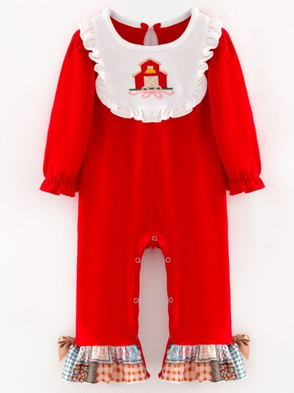 baby girl fall one-piece with barn appliqué ruffle bib and patchwork ruffle leg hems