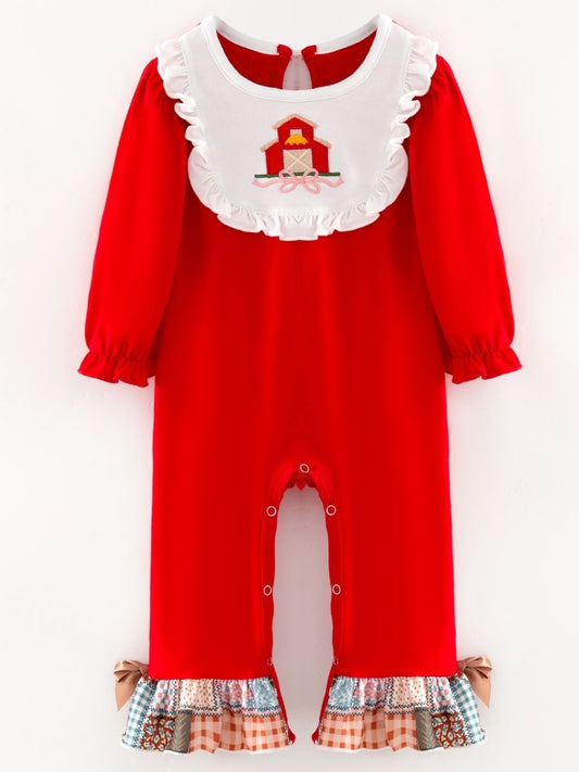 aby girl fall one-piece with barn appliqué ruffle bib and patchwork ruffle leg hems