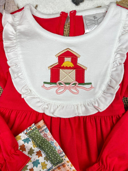 girls fall two-piece with red barn appliqué ruffle bib top and patchwork print leggings