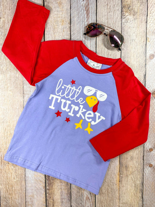 Boys raglan shirt that says little turkey