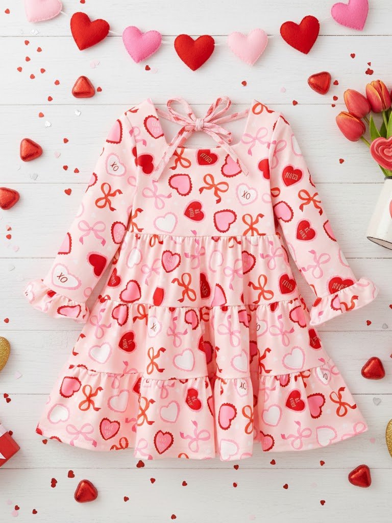 Pink dress with heart patterns on a white wooden surface with heart decorations.