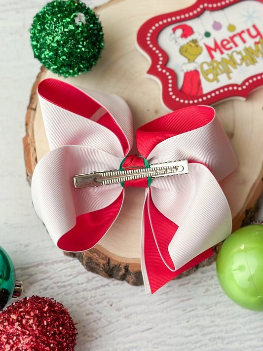 Back of mean green Christmas double layer hair bow showing alligator clip - Alternative view