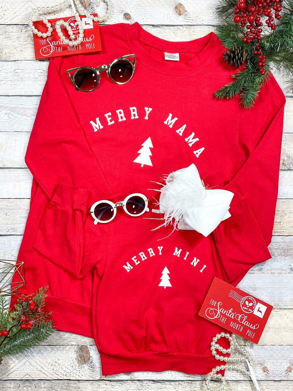 Matching red Merry Mama and Merry Mini Christmas tree tops