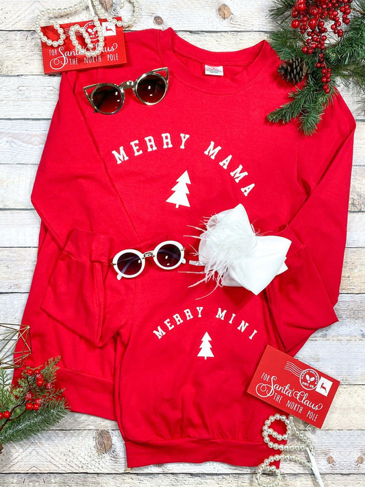 Matching red Merry Mama and Merry Mini Christmas tree tops