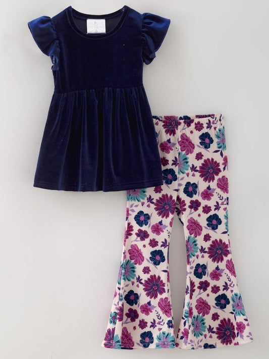Girls navy velvet tunic and floral bell bottom pants set, boutique fall outfit for toddlers and girls