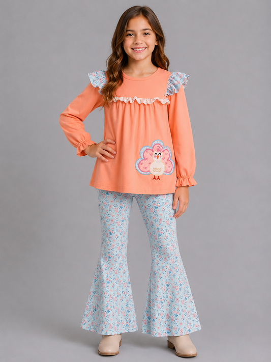 Girls Thanksgiving turkey tunic and blue floral bell bottom pants set