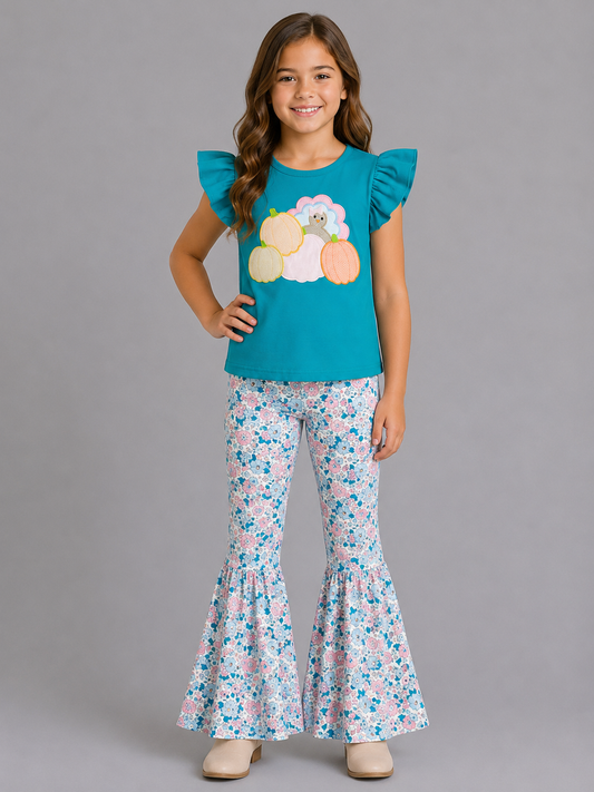 Girls teal Thanksgiving turkey pumpkin top and floral bell bottom pants set