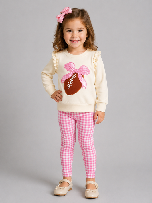 Girls football outfit set with cream bow sweatshirt and pink gingham leggings