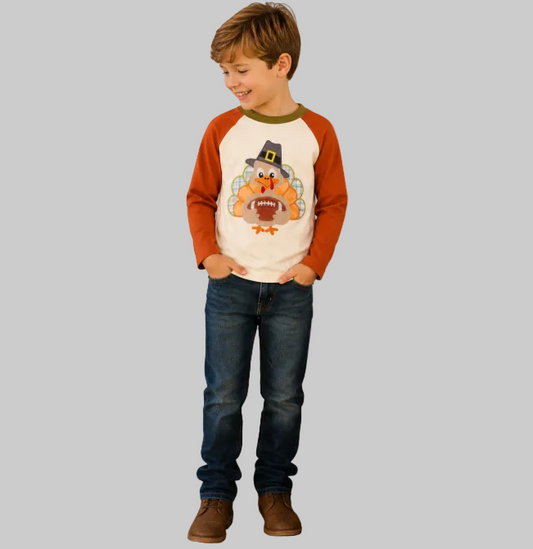 Boys Thanksgiving raglan shirt with turkey football appliqué and orange sleeves