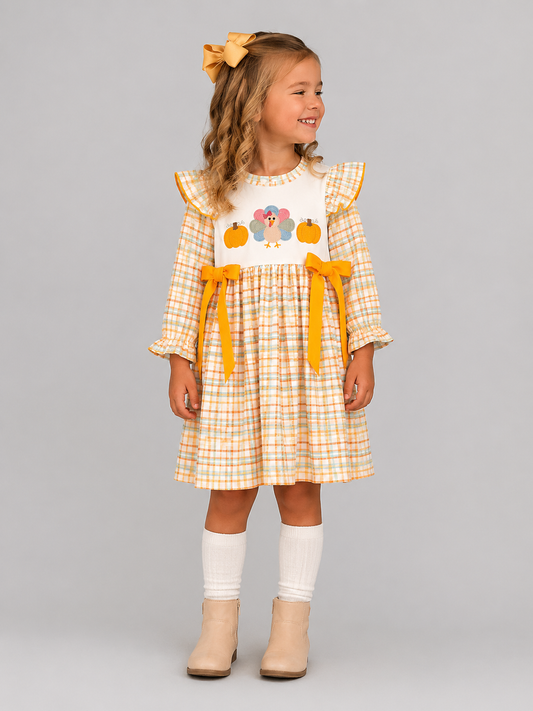 Girls plaid Thanksgiving dress with embroidered turkey and pumpkins, ruffle sleeves and orange bows