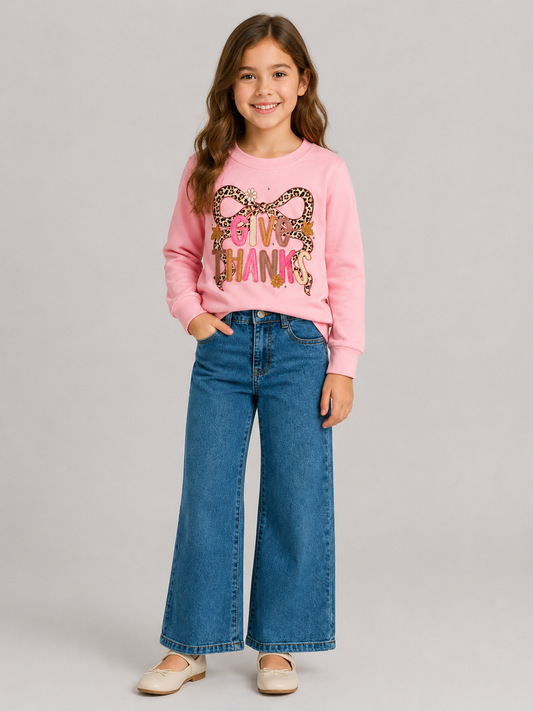 Girls pink Give Thanks Thanksgiving shirt with leopard bow graphic
