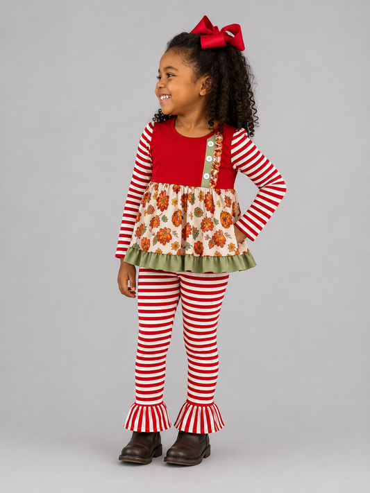 Girls Thanksgiving turkey floral tunic and striped ruffle pants outfit set
