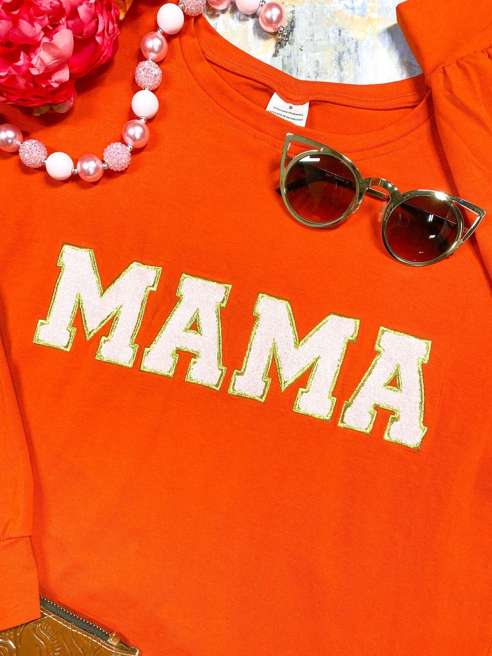 Close-up of the chenille Mama and Mini patches