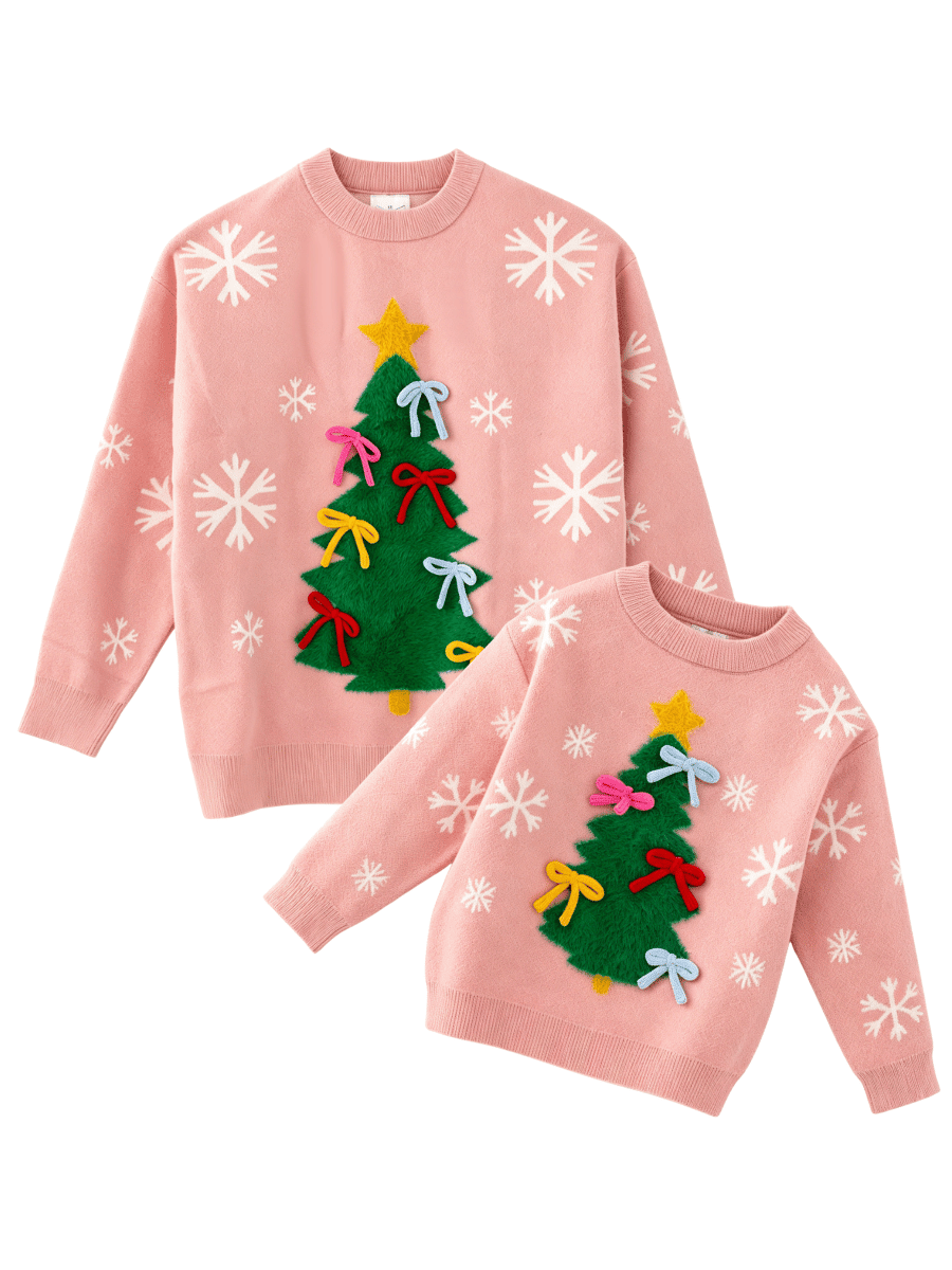 Pink mom and me Christmas sweater with fuzzy tree, colorful bows and white snowflakes