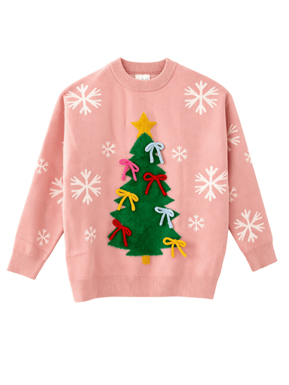 women's mom and me pink Christmas sweater with Christmas tree, colorful bows and snowflakes