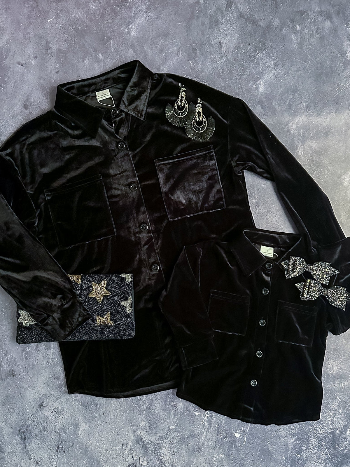 Mom and daughter black velvet button down tops