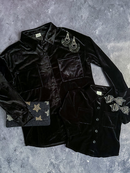 Mom and daughter black velvet button down tops