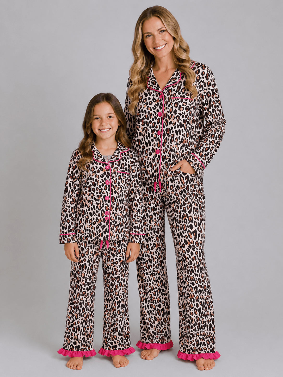 Leopard pajamas with hot pink trim for mom and daughter